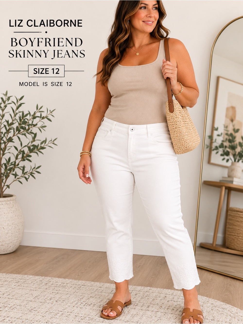 NWT Liz Claiborne White Boyfriend Skinny Crop Jeans Embroidered Hem Size 12